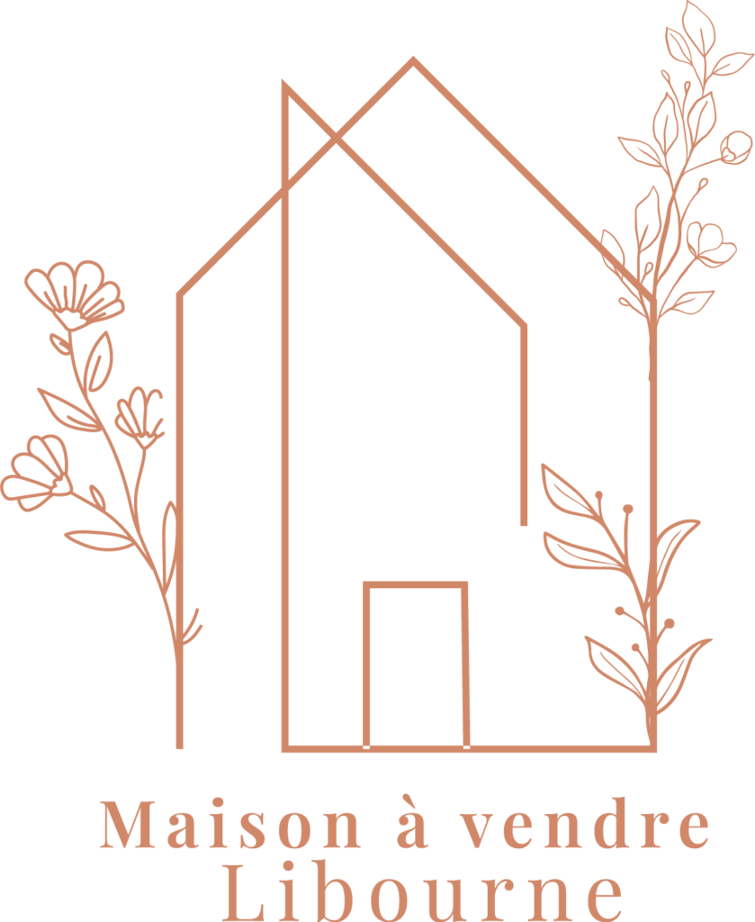 Logo Maison à vendre Libourne avec illustration de maison et feuillages décoratifs